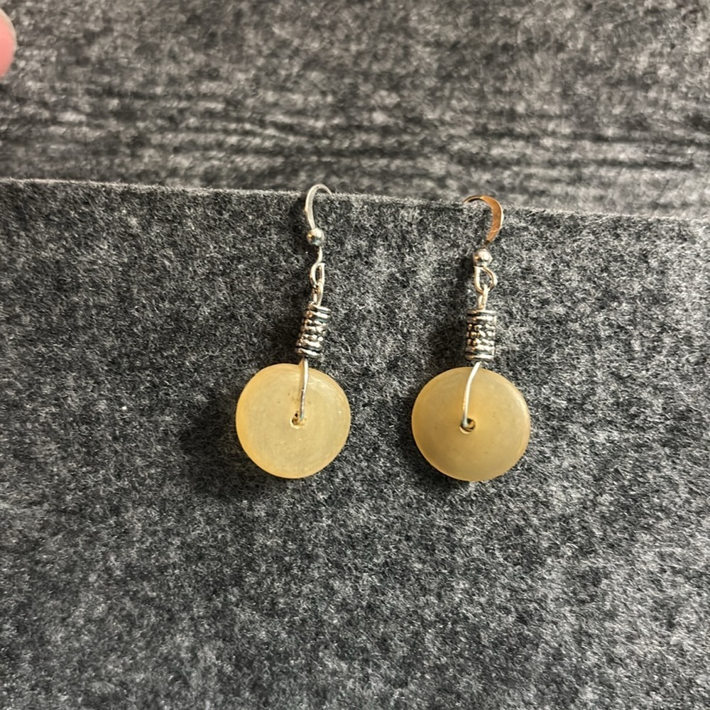 Sweet Yellow Lucky Jade Jadeite Donut Hook Earrings - Picture 2 of 5